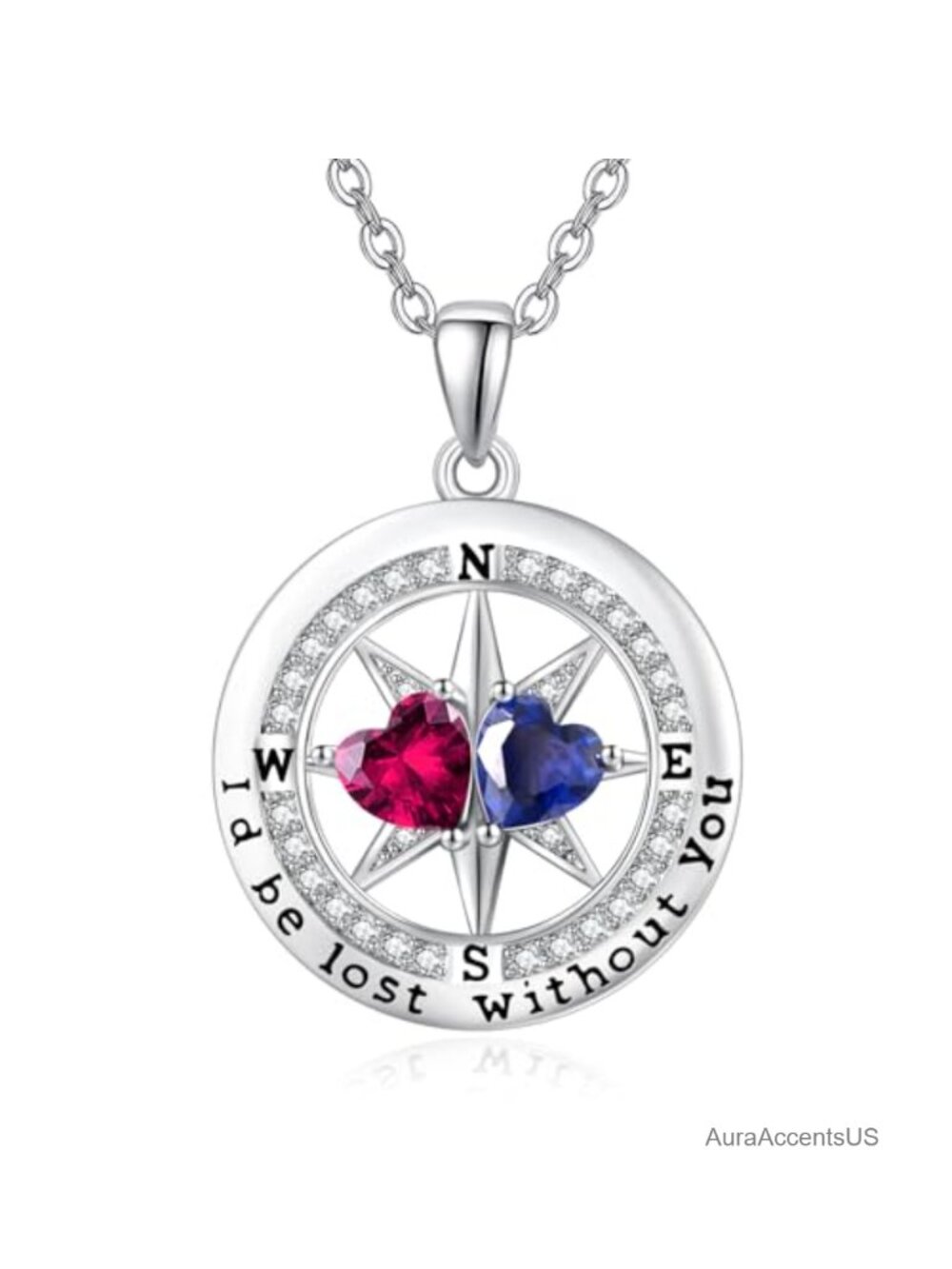 White Gold Plated Compass Birthstone Pendant Necklace Anniversary Gift